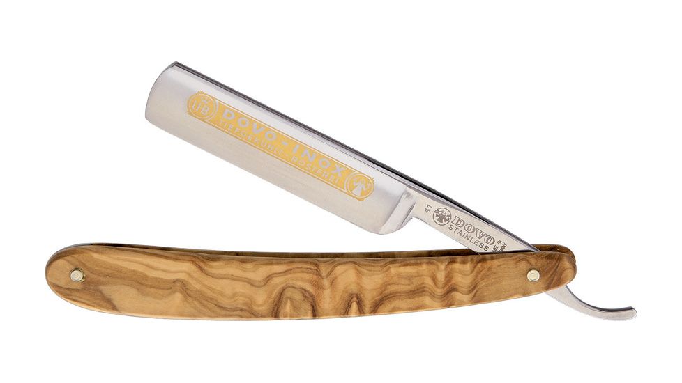 Dovo Straight Razor Stainless Folding Knife,3in,Stainless Steel,Standard Edge,Satin,Olive,Wood Handle DOV415875