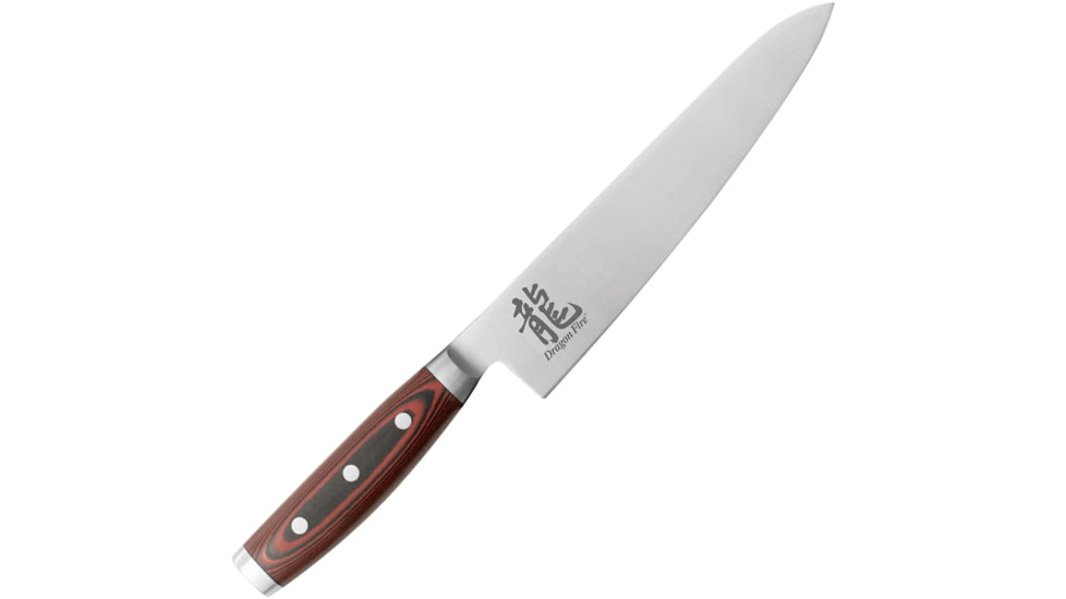 Dragon by Apogee Dragon Fire Chefs Knife, Satin, Canvas Micarta Handle Kitchen Knives, Satin Cts-Bd1 SS Blade, SS Bolster, Fda Approved Red Resin And Linen Canvas Micarta Handle, DRGF-CHEF-0850