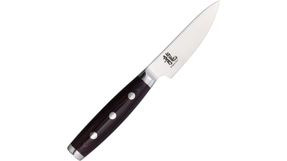 Dragon by Apogee Dragon Fire Paring Knife, 3.5in, Satin, CTS-BD1 SS Blade Kitchen Knives, 3.5in Satin Cts-Bd1 SS Blade, SS Bolster, Fda Approved Red Resin And Linen Canvas Micarta Handle, DRGF-PARI-0350