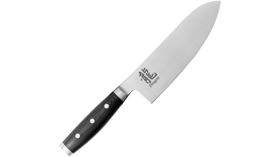 Dragon by Apogee Santoku Knife,12 1/2in, Satin, CTS-BD1 SS blade Kitchen Knives, 12.5in Overall, 7.25in Satin Cts-Bd1 SS Blade, SS Pommel, Fda Approved Black Resin And Linen Canvas Micarta Handle, DRGN-SANT-0750