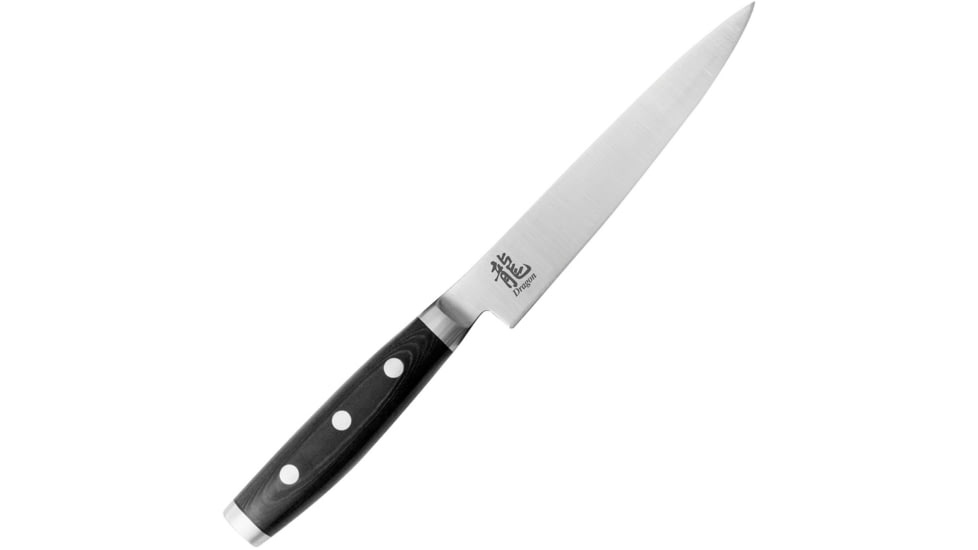 Dragon by Apogee Utility Knife, 10 1/4in, Satin, CTS-BD1 SS blade Kitchen Knives, 10.25in Overall, 6in Satin Cts-Bd1 SS Blade, SS Bolster, Fda Approved Black Resin And Linen Canvas Micarta Handle, DRGN-UTIL-0600