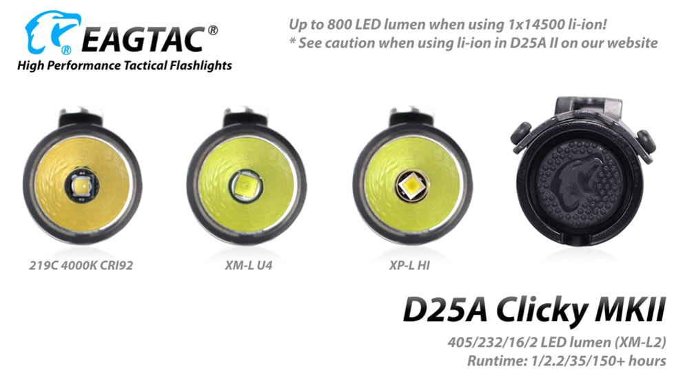 EAGTAC D25A RC Clicky Flashlight, XP-G2 R5 NW LED, 176lm,1xAA, Black, D25A-CLICKY-XPG2-NW