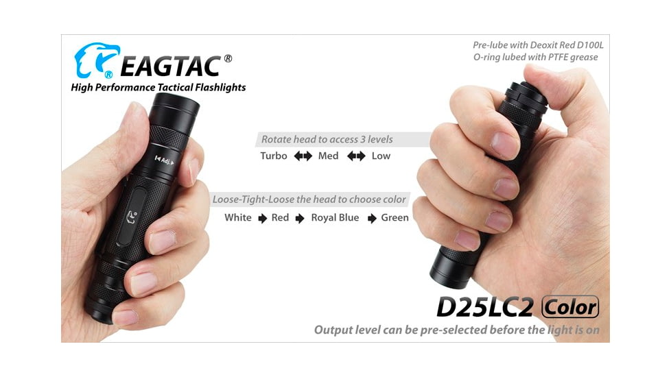 Eagtac D25LC2 Color Flashlight, XM-L COLOR LED, White-331lm, Red-120lm, Royal blue-45lm, Green-240lm, Black, D25LC2-XML-COLOR