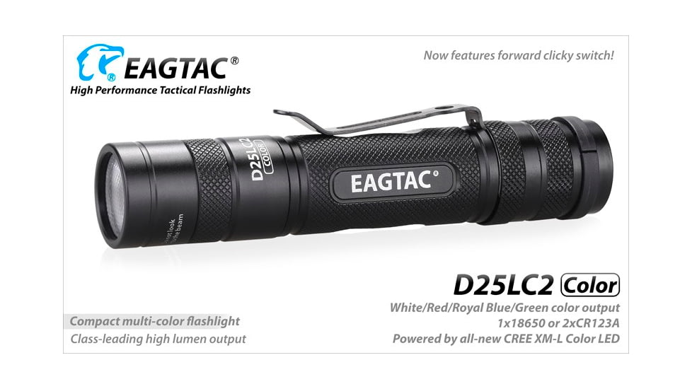 Eagtac D25LC2 Color Flashlight, XM-L COLOR LED, White-331lm, Red-120lm, Royal blue-45lm, Green-240lm, Black, D25LC2-XML-COLOR