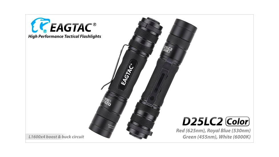 Eagtac D25LC2 Color Flashlight, XM-L COLOR LED, White-331lm, Red-120lm, Royal blue-45lm, Green-240lm, Black, D25LC2-XML-COLOR