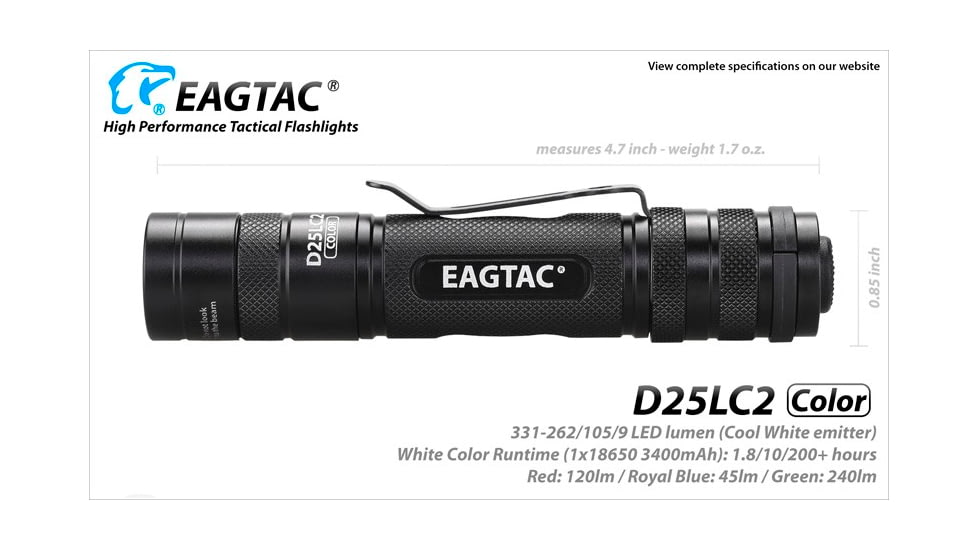 Eagtac D25LC2 Color Flashlight, XM-L COLOR LED, White-331lm, Red-120lm, Royal blue-45lm, Green-240lm, Black, D25LC2-XML-COLOR