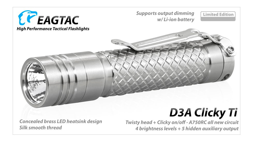 EAGTAC D3A TI Titanium Flashlight, XM-L2 U2 NW LED, 378lm, Silver, D3A-CLICKY-TI-XML2-NW