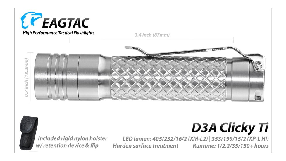 EAGTAC D3A TI Titanium Flashlight, XM-L2 U2 NW LED, 378lm, Silver, D3A-CLICKY-TI-XML2-NW