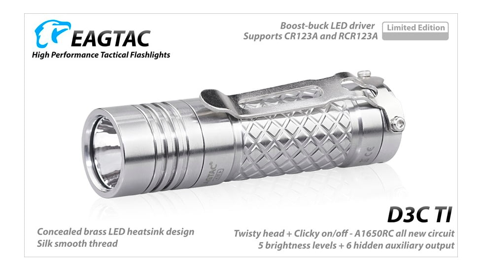 EAGTAC D3C RC Ti Flashlight, Luminus SST20 CRI-95 4000K NW LED, 510lm, Silver, D3C-CLICKY-TI-SST20-NW