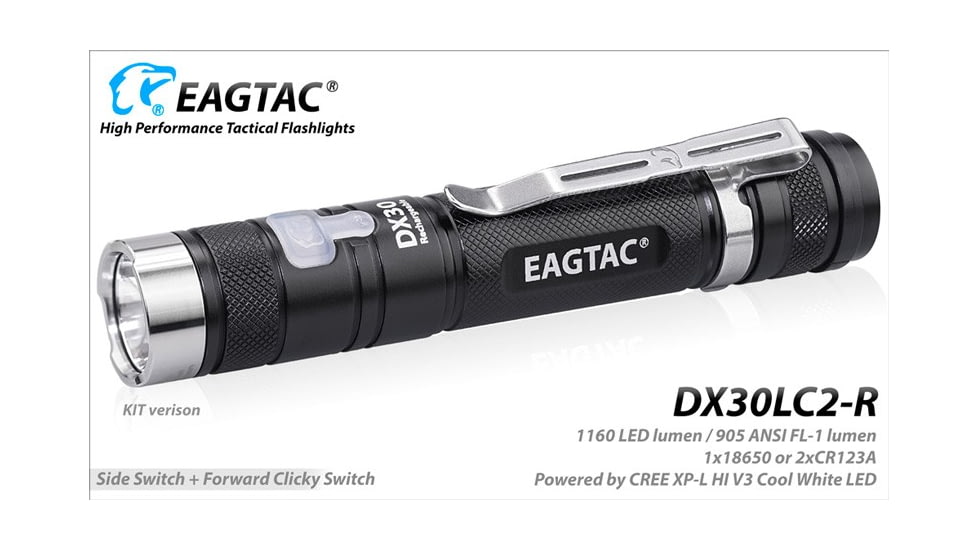 EAGTAC DX30LC2-R Rechargeable Flashlight, XP-L HI V2 NW LED, 1084lm, Black, DX30LC2R-XPLHI-BASE-NW