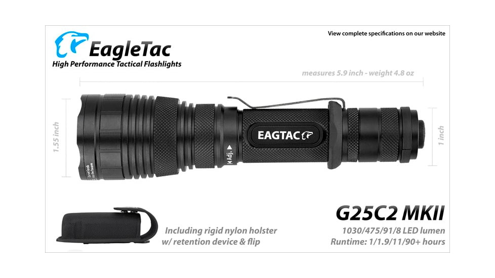 EAGTAC G25C2 Flashlight, XM-L2 U4 CW LED, 1351lm, Black, G25C2-XML2-CW