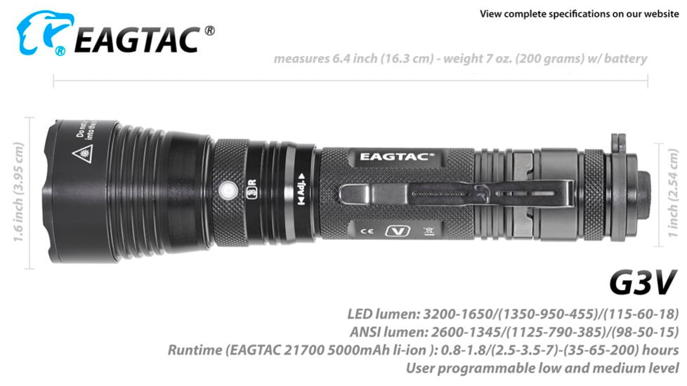 EAGTAC G3V XHP70.2 Flashlight, 21700 5000mAh li-ion, NW LED, 2990 Lumen, Black, G3V-XHP702-NW