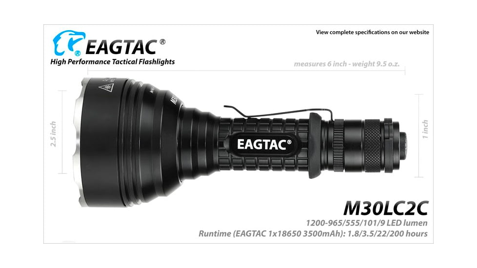 EAGTAC M30LC2-C Flashlight, 3 Nichia 219B CRI-92 LED, 1000lm, Black, M30LC2C-3*219B-BASE-NW