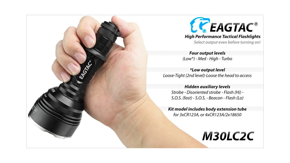 EAGTAC M30LC2-C Flashlight, 3 Nichia 219B CRI-92 LED, 1000lm, Black, M30LC2C-3*219B-BASE-NW