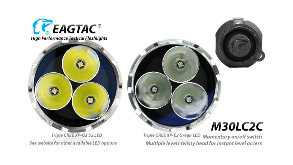 EAGTAC M30LC2-C Flashlight, 3 Nichia 219B CRI-92 LED, 1000lm, Black, M30LC2C-3*219B-BASE-NW