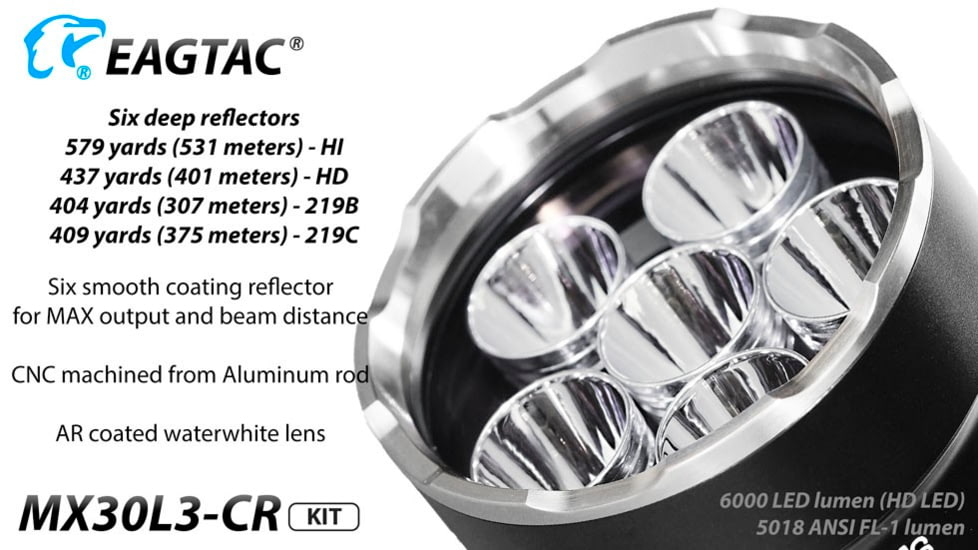 EAGTAC MX30L3-CR Base Flashlight, 6 Nichia 219C CRI92 4000K LED, 3850lm, Black, MX30L3CR-6*219C-BASE-NW