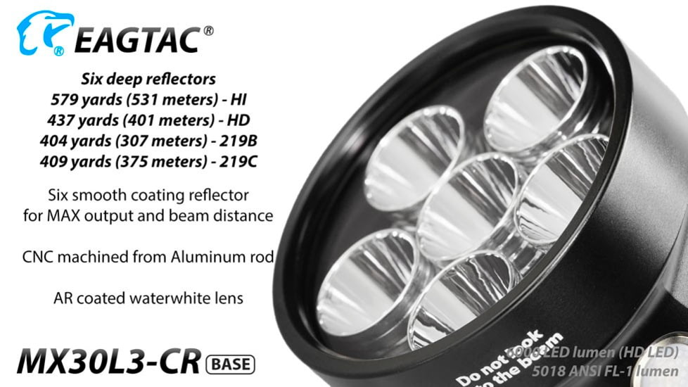 EAGTAC MX30L3-CR Base Flashlight, 6 Nichia 219C CRI92 4000K LED, 3850lm, Black, MX30L3CR-6*219C-BASE-NW