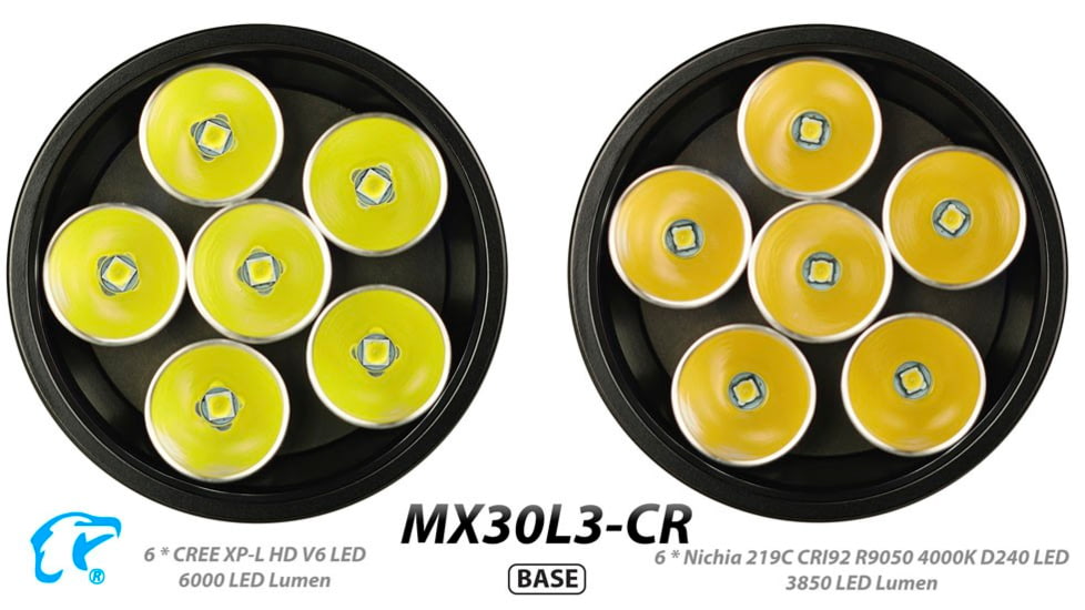 EAGTAC MX30L3-CR Base Flashlight, 6 Nichia 219C CRI92 4000K LED, 3850lm, Black, MX30L3CR-6*219C-BASE-NW