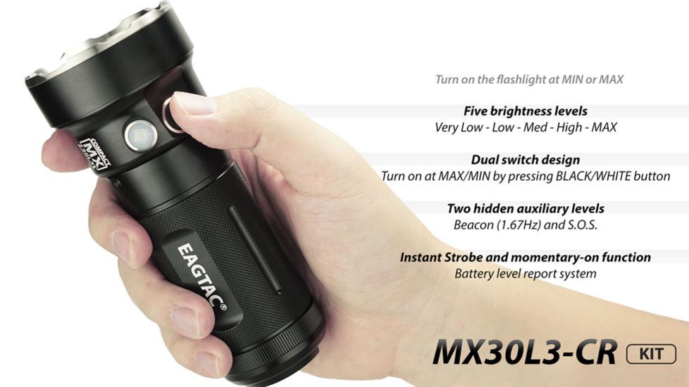 Eagtac MX30L3-CR  Flashlight Kit, 6  Nichia 219C CRI92 4000K LED, 3850lm, Black 2950
