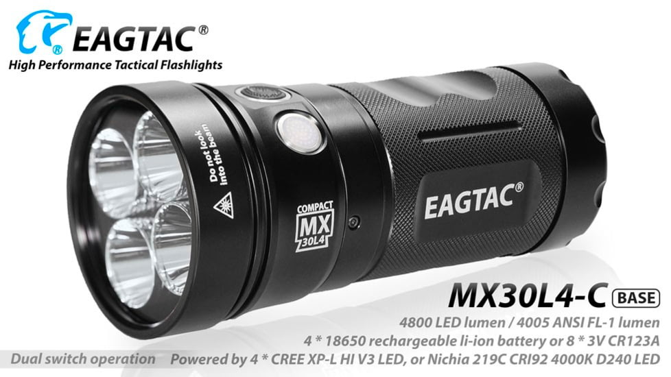 EAGTAC MX30L4-C Base Flashlight, 4 Nichia 219C CRI92 4000K LED, 3300lm, Black, MX30L4C-4*219C-BASE-NW