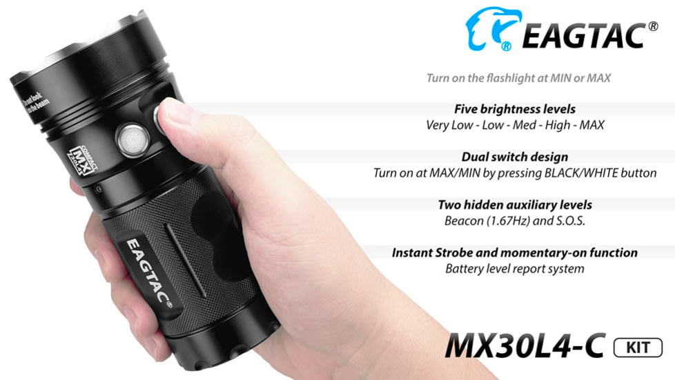 EAGTAC MX30L4-C Base Flashlight, 4 Nichia 219C CRI92 4000K LED, 3300lm, Black, MX30L4C-4*219C-BASE-NW