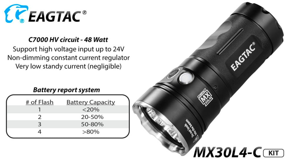 EAGTAC MX30L4-C Base Flashlight, 4 Nichia 219C CRI92 4000K LED, 3300lm, Black, MX30L4C-4*219C-BASE-NW