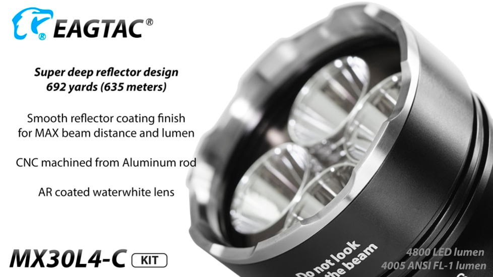 EAGTAC MX30L4-C Base Flashlight, 4 Nichia 219C CRI92 4000K LED, 3300lm, Black, MX30L4C-4*219C-BASE-NW