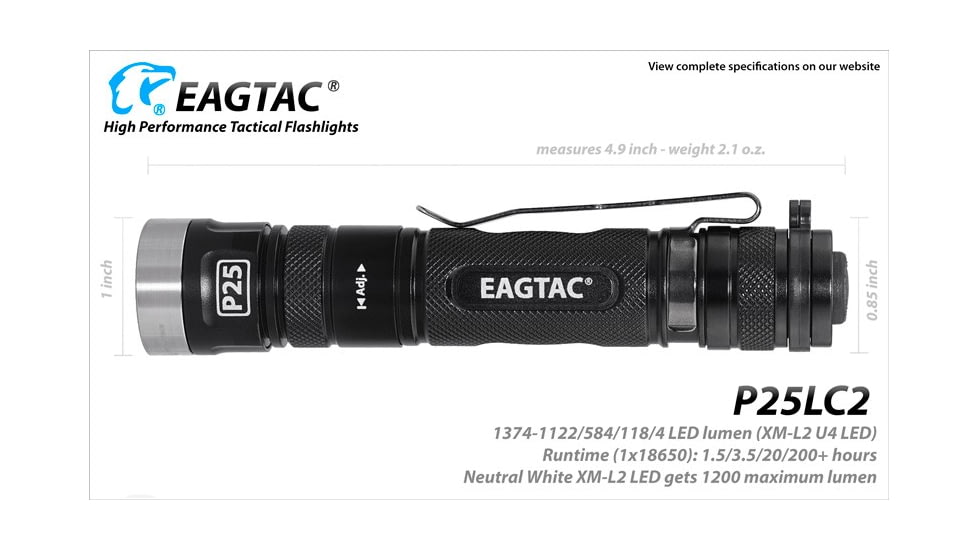 EAGTAC P25LC2 Flashlight, XM-L2 U2 NW LED, 1200lm, Black, P25LC2-XML2-NW