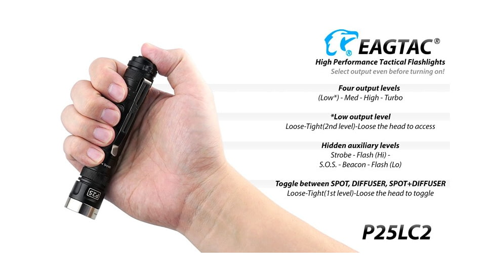 EAGTAC P25LC2 Flashlight, XM-L2 U2 NW LED, 1200lm, Black, P25LC2-XML2-NW