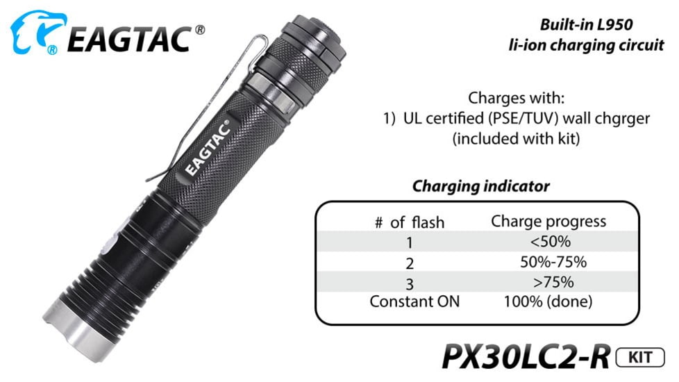 EAGTAC PX30LC2-R Base Flashlight, XP-L HI CW LED, 1160lm, Black, PX30LC2R-XPLHI-BASE-CW