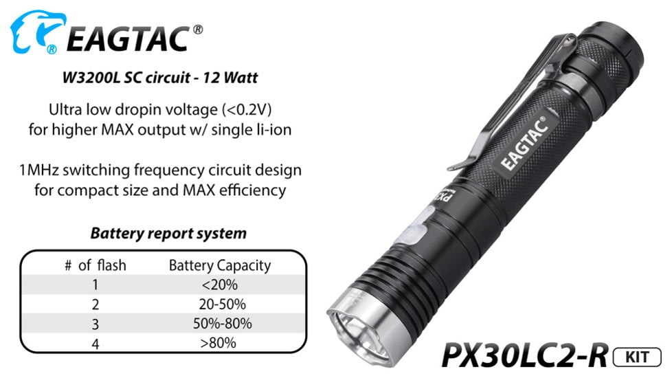EAGTAC PX30LC2-R Base Flashlight, XP-L HI CW LED, 1160lm, Black, PX30LC2R-XPLHI-BASE-CW