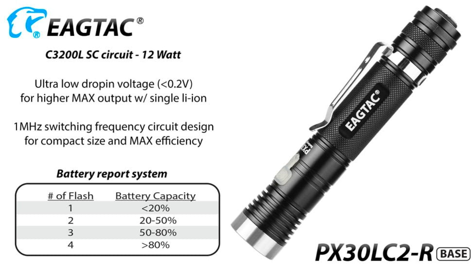 EAGTAC PX30LC2-R Base Flashlight, XP-L HI CW LED, 1160lm, Black, PX30LC2R-XPLHI-BASE-CW