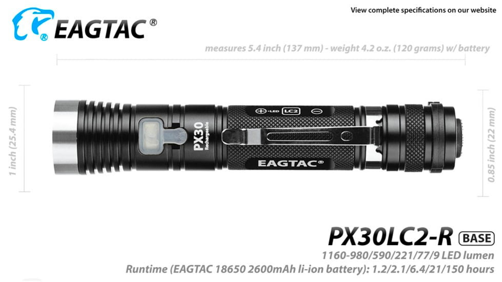 EAGTAC PX30LC2-R Base Flashlight, XP-L HI CW LED, 1160lm, Black, PX30LC2R-XPLHI-BASE-CW
