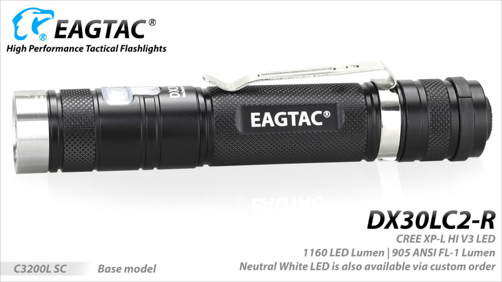 Eagtac Rechargeable DX30LC2-R XPL HI 1160 Lumens LED Flashlight, Black, Medium, DX30LC2RXPLHI