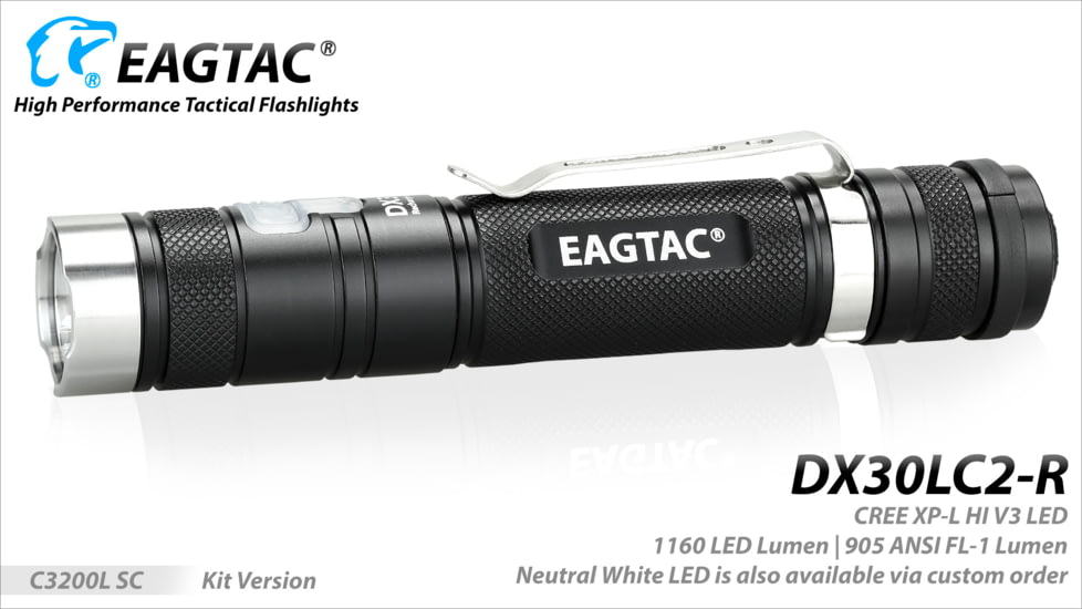 Eagtac Rechargeable DX30LC2-R XPL HI 1160 Lumens LED Flashlight Kit, Black, Medium, DX30LC2RXPLHIKIT