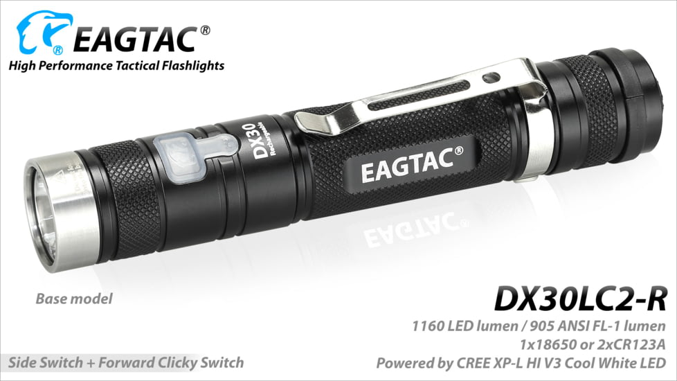 Eagtac Rechargeable DX30LC2-R XPL HI 1160 Lumens LED Flashlight Kit, Black, Medium, DX30LC2RXPLHIKIT