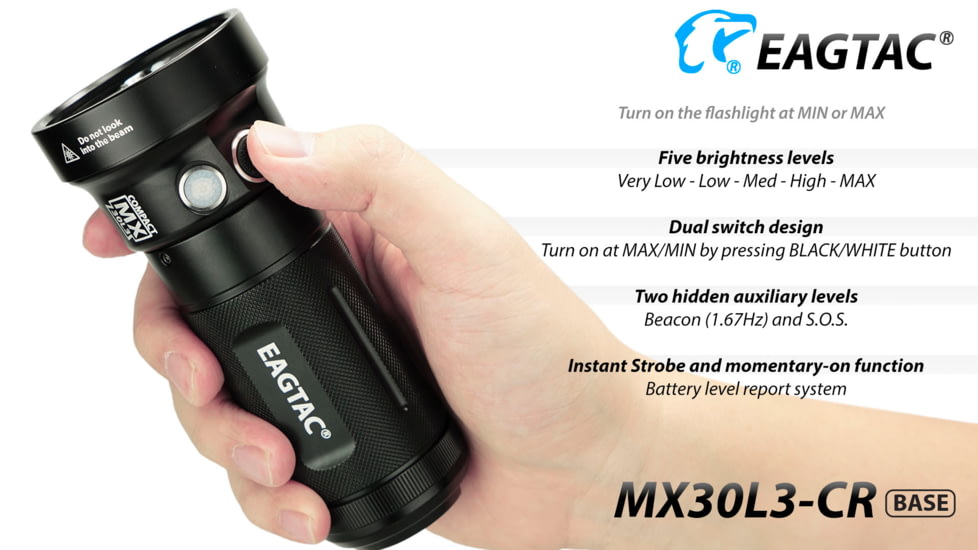 Eagtac Rechargeable MX30L3C-R 6219C 4000K LED Flashlight, Black, Medium, MX30L3CR6*219C