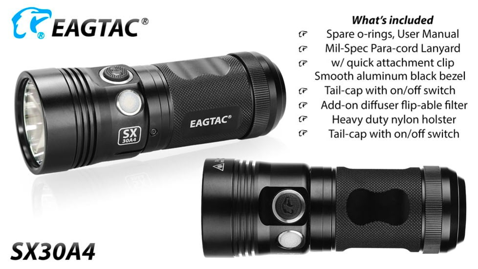 EAGTAC SX30A4 Flashlight, Nichia 219C CRI92 4000K LED, 885lm, Black, SX30A4-219C-NW