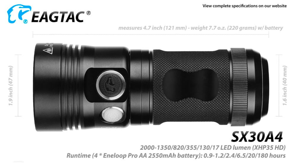 EAGTAC SX30A4 Flashlight, Nichia 219C CRI92 4000K LED, 885lm, Black, SX30A4-219C-NW