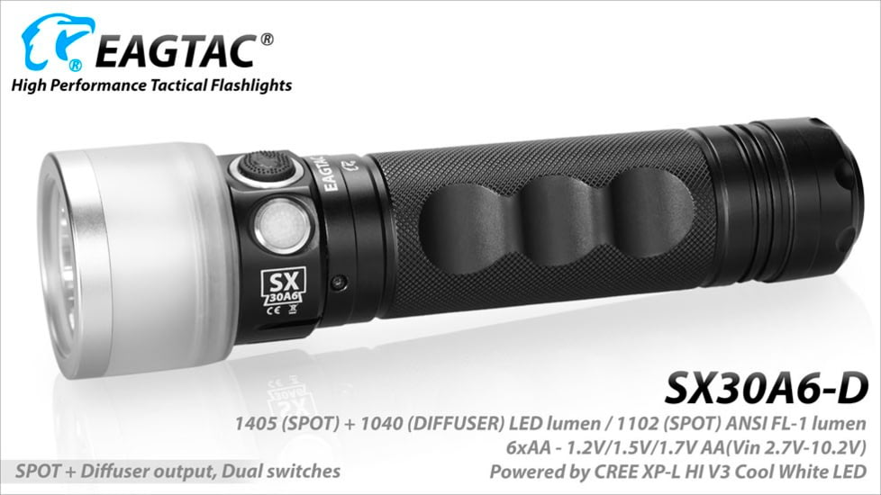 EAGTAC SX30A6-D Flashlight, XPL HI CW w/ LEDarray LED, 1405lm w/ 1040lm, Black, SX30A6D-XPLHI-CW