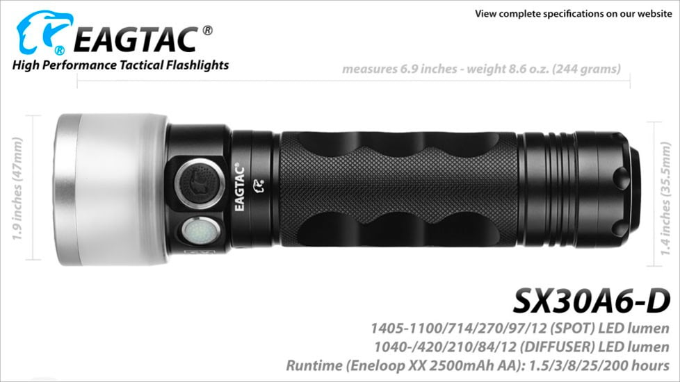 EAGTAC SX30A6-D Flashlight, XPL HI CW w/ LEDarray LED, 1405lm w/ 1040lm, Black, SX30A6D-XPLHI-CW