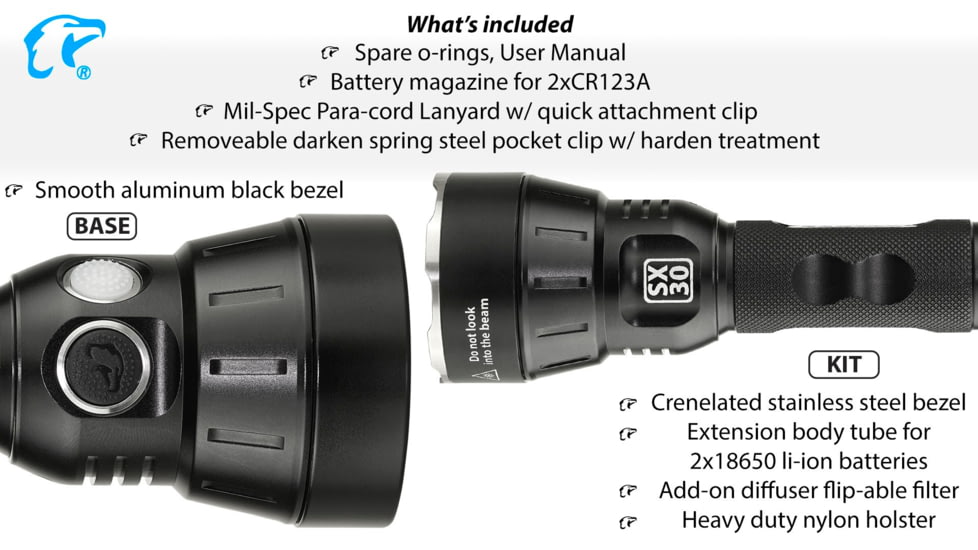 EAGTAC SX30C2 Flashlight Kit, Nichia 219C CRI92 4000K LED, 885lm, Black, SX30C2-219C-KIT-CW