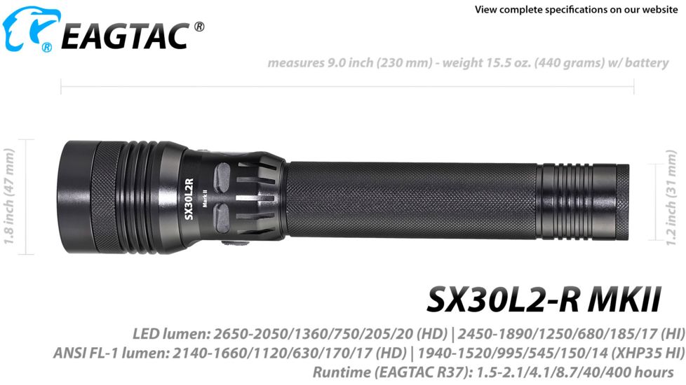 EAGTAC SX30L2-R MK II Flashlight, XHP35 HD CW LED, 2000lm, Black, Medium 4135