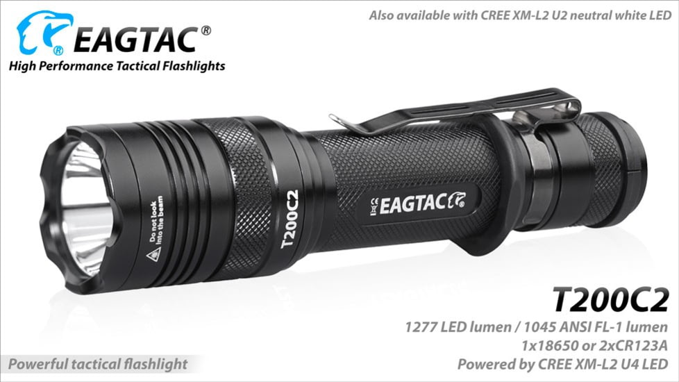 EAGTAC T200C2 Flashlight, XP-L HI V2 NW LED, 1023lm, Black, T200C2-XPL-HI-BASE-NW
