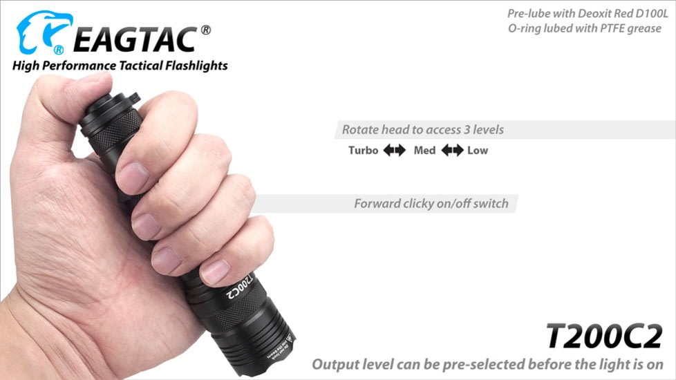 EAGTAC T200C2 Flashlight, XP-L HI V2 NW LED, 1023lm, Black, T200C2-XPL-HI-BASE-NW