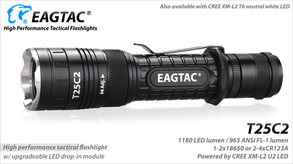 Eagtac T25C2 XPLHI 1148 Lumen Tactical Flashlight, Black, Medium, T25C2XPLHI