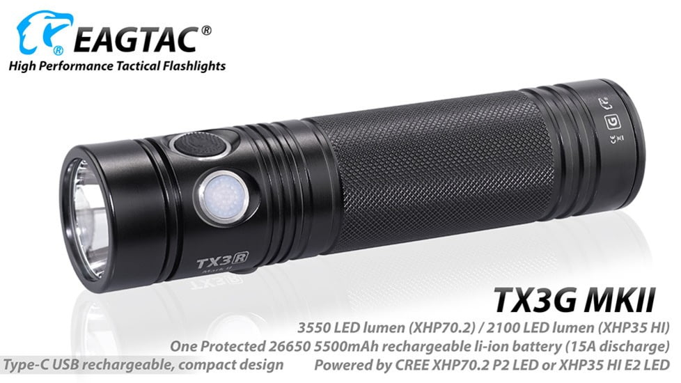 EAGTAC TX3G MKII Flashlight, XHP70.2 NW LED, 3320lm, Black, TX3G-MKII-XHP702-REG-NW