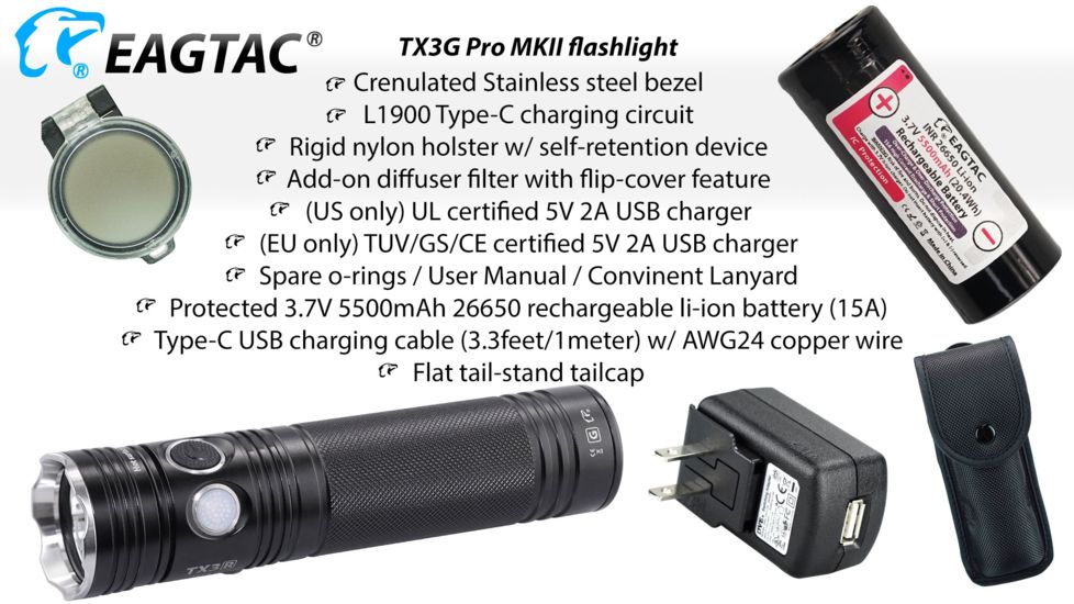 EAGTAC TX3G MKII Pro Flashlight, XHP70.2 CW LED, 3550lm, Black, Medium 4203