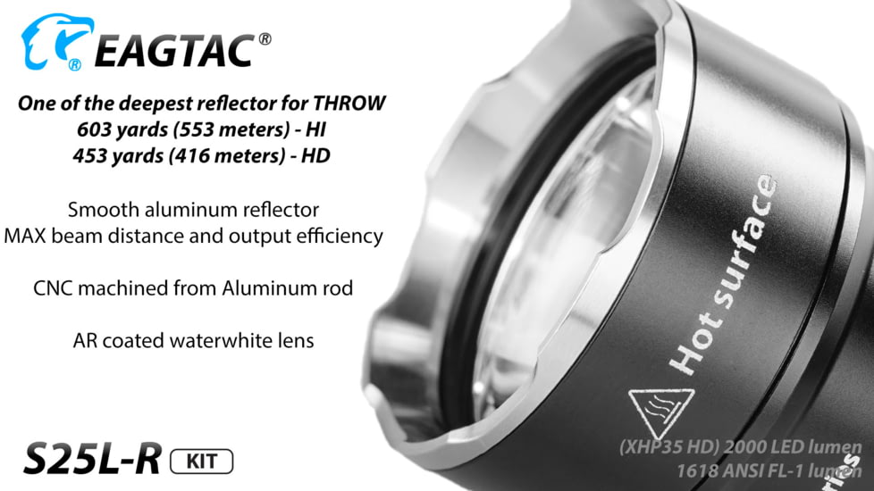 Eagtac USB Rechargeable S25LR XHP35 HD 2000 Lumen Tactical Flashlight KIT, Black, Medium, S25LRXHP35HDKIT