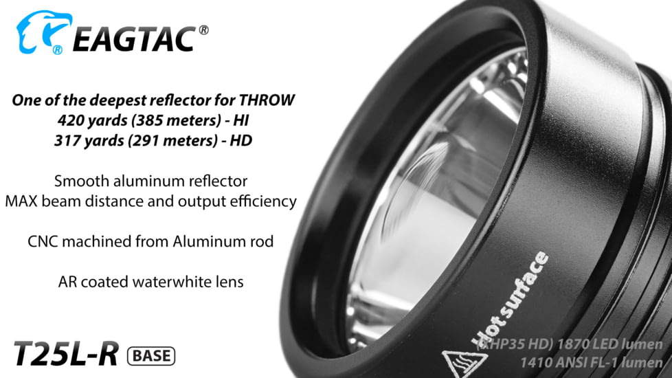 Eagtac USB Rechargeable T25LR XHP35 HI 385 Meter Tactical Flashlight Base, Black, Medium, T25LRHI